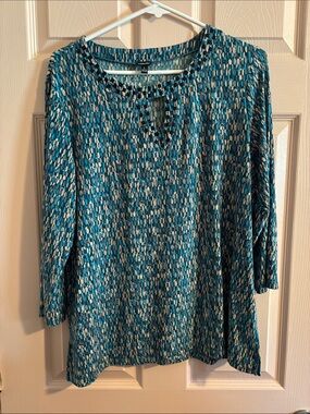Rafaella Teal and White Printed Keyhole Long-Sleeve Top